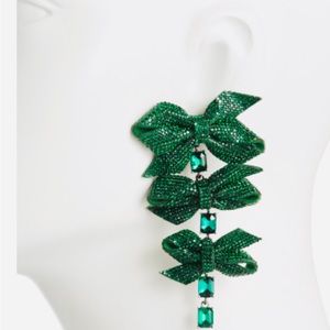 Authentic Betsey Johnson Earrings Lucky Green Bows, Emerald Rhinestones NWT